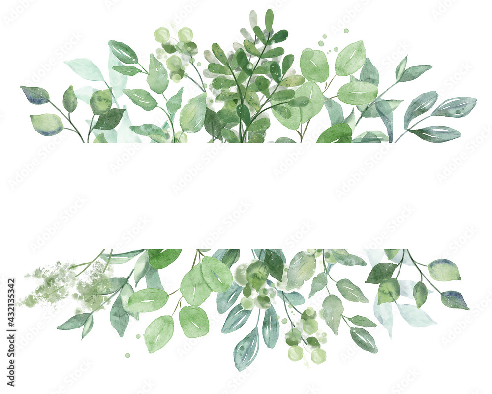 Leaves frame border. Watercolor hand painting floral geometric background. Leaf, plant, branch isolated on white. - obrazy, fototapety, plakaty 