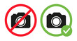 Camera icons in crossed out red circle and photo camera in green circle. No photography prohibition sign and photos allowed vector flat illustration isolated on white background.