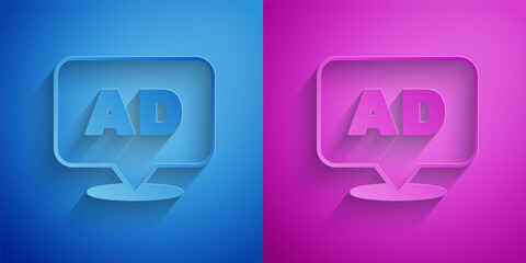 Poster - Paper cut Advertising icon isolated on blue and purple background. Concept of marketing and promotion process. Responsive ads. Social media advertising. Paper art style. Vector