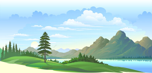Wall Mural - sunrise over beautiful countryside, mountains, and meadows.