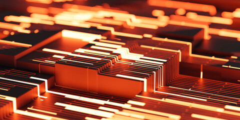 Poster - computer micro high technology hardware circuit board with red lighting 3d render illustration