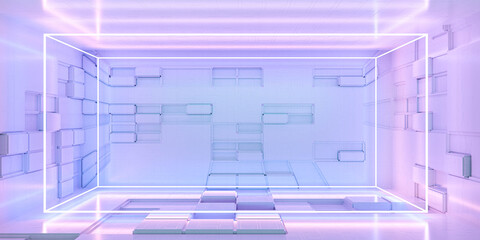 Poster - futuristic neon light room with technology concept surface 3d render illustration