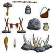Set of items of primitive man and hunter. Weapons of caveman. Stone age club, trap. Lifestyle and tool. Cartoon illustration