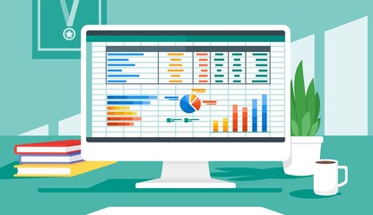 accounting or financial management software program on computer screen in office desk. business and 