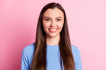 Sticker - Photo of lovely funny girl beaming white smile wear dotted blue shirt isolated pastel pink color background