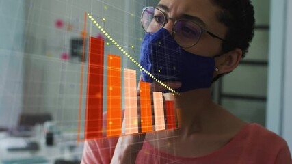 Poster - Animation of covid 19 statistics and data processing over woman in fast mask in office