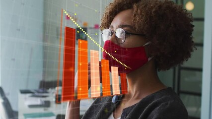 Poster - Animation of covid 19 statistics and data processing over woman in fast mask in office