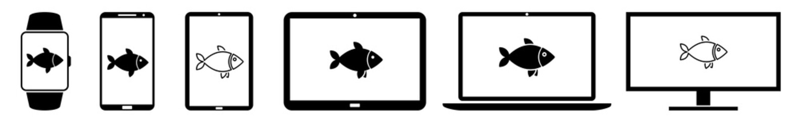 Wall Mural - display fish, pisces, marin, aquatic icon devices set | web screen device online | laptop vector ill