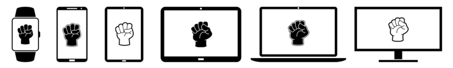 Wall Mural - display fist, fists, power, strength, clenched, raised, happy icon devices set | web screen device o
