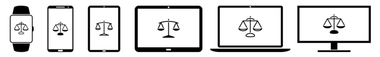 Poster - display scale, justice, law, balance, lawyer, equality icon devices set | web screen device online |