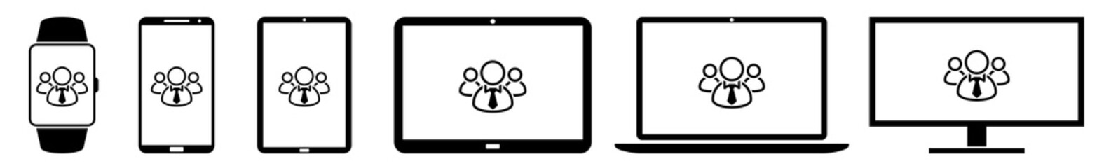 Poster - Display team, customer, staff, people, leader, leadership, employee Icon Devices Set | Web Screen Device Online | Laptop Vector Illustration | Mobile Phone | PC Computer Tablet Sign Isolated