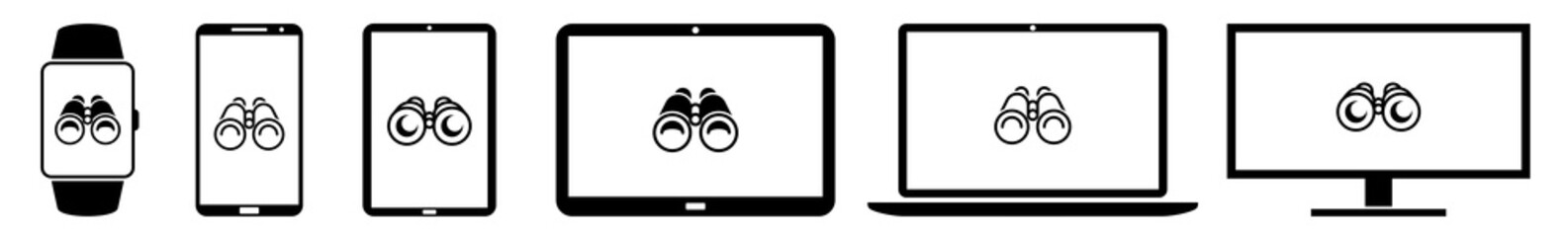 Poster - Display vision, binoculars, spyglass, spy, field, search, find, view, watch, observe Icon Devices Set | Web Screen Device Online | Laptop Vector Illustration | Mobile Phone | PC Computer Sign Isolated