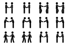 Handshake Stick Figure Man Side View Poses Postures Vector Illustration Set. Stickman Business Partners At Meeting Deal Agreement Silhouette Pictogram On White