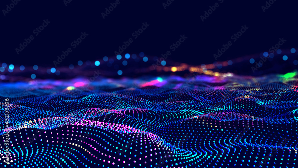Cyber big data flow. Blockchain data fields. Network line connect stream. Concept of AI technology, digital communication, science research, 3D illustration music waves - obrazy, fototapety, plakaty 
