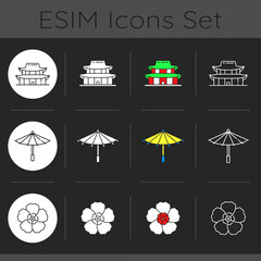 Poster - Korean traditions dark theme icons set. Gyeongbok palace. Oriental asian umbrella. Cherry blossom. Culture of Korea. Linear white, solid glyph and RGB color styles. Isolated vector illustrations