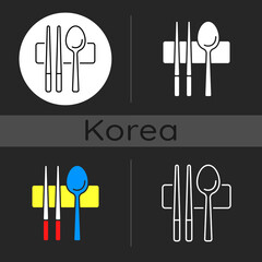 Poster - Sujeo dark theme icon. Metal chopsticks. Spoon for eating. Oriental tableware. Eastern cutlery. Korean culture. Linear white, simple glyph and RGB color styles. Isolated vector illustrations