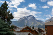 View on ski station Les deux Alpes and Alpine mountains peaks in summer, Isere, France