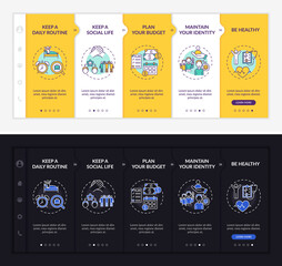 Wall Mural - Job transition tips onboarding vector template. Responsive mobile website with icons. Web page walkthrough 5 step screens. Life organize advices color concept with linear illustrations