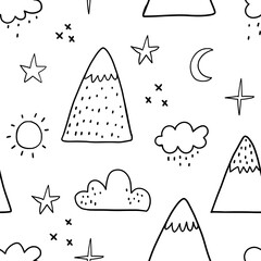 Wall Mural - Vector seamless pattern with doodle cute mountains on a white background. Cute mountains background. Nature. Landscape. Creative kids texture for fabric, wrapping, textile, wallpaper.