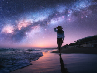 Wall Mural - milky way and young woman in hat on sandy beach against purple starry sky reflected in water at nigh