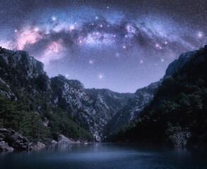 Wall Mural - arched milky way and stars over beautiful mountains and sea at night in summer. colorful landscape w