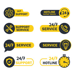 Online global technical support 24 on 7 buttons. Help and Support hotline buttons. Symbols for assistance, call center, virtual help service. Concept of consultation. Online assistant