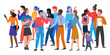 © Flash Vector - People walk in crowd vector illustration. Cartoon different ages and multiethnic diverse crowd group of man and woman characters in casual clothes walking, holding smartphone isolated on white