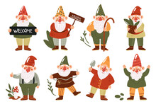 Cute Garden Gnomes Or Dwarfs Vector Illustration Set. Cartoon Funny Myth Fairytale Characters With Hats Collection, Small Gnomes Or Trolls Gardening, Holding Mushroom, Plant Pot Isolated On White