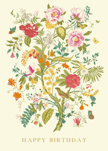Greeting Card. Happy Birthday. Blooming Tree. Vintage Floral Illustration