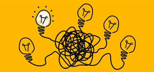 Chaotic or chaos and order. Comic brain electric lamp idea doodle. FAQ, business loading concept. Fun vector light bulb icon or sig. Brilliant lightbulb education  or invention pictogram banner