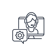 Poster - Girl in headphones, computer, gear. Concept for online support service, help with setting up. Vector icon isolated on white background. 