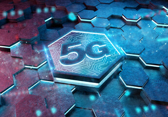 5G icon concept engraved on metal hexagonal pedestral background. Wireless technology logo glowing on abstract digital surface. 3d rendering