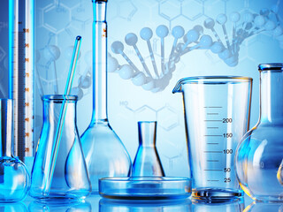 Wall Mural - microscope with lab glassware, science laboratory research and development concept