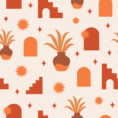 Poster - Modern abstract aesthetic seamless pattern with geometric architecture elements in boho style. Mid century vector design for cover, wallpaper, card, social media, interior, textile, fabric	