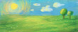 Hand drawn simple primitive bright illustration. Picture of a green meadow, blue sky, clouds, sun and green trees. Simple Primitive Drawing Style