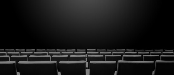 Wall Mural - Cinema movie theatre with seats rows and a black background. Horizontal banner