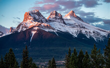 Three Sisters Mountain Peaks In The Canadian Rockies Near Canmore, Alberta, Canada