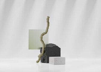 3D white background with concrete stone, rock pedestal, podium and branch . Black and green display showcase . Beauty, Cosmetic product presentation. Abstract minimal nature 3D render. Studio shot