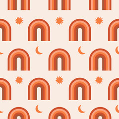 Poster - Colorful abstract seamless pattern with geometric  rainbow, moon and sun on pastel background. Bohemian pattern for wallpaper, textile, fabric, interior. Modern vector illustration. Terracotta colors	