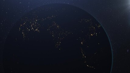 Wall Mural - Beautiful 3d earth planet animation.
Space Zoom rotating view, Concept of climate change, dark night, city lights, sunrise. World planet satellite .Stars , nebula and galaxy black background in 4k.