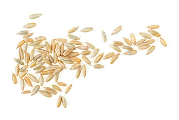 Wall Mural - Healthy grains and cereals. Raw rye grains isolated on a white background, top view.