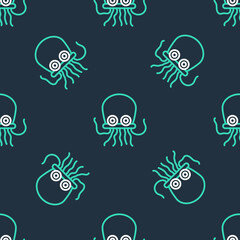 Line Octopus icon isolated seamless pattern on black background. Vector