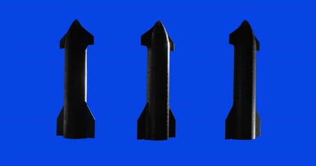 Wall Mural - BLUE SCREEN Modern spaceship rocket rotating isolated on blue background, illuminated by large light source from 3 different angles