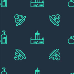 Sticker - Set line Montjuic castle, Olives plate and Apple cider bottle on seamless pattern. Vector