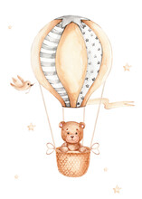 Teddy Bear Flying In Air Balloon; Watercolor Hand Drawn Illustration; Can Be Used For Kid Poster Or Cards; With White Isolated Background