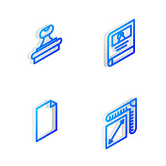 Sticker - Set Isometric line Photo album gallery, Stamp, Empty document and Paper size icon. Vector