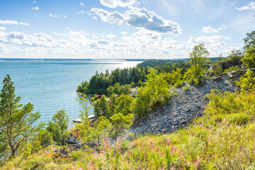 Gorgeous view of Baltic sea shore nature landscape on calm summer evening. Beautiful backgrounds. Sweden. 