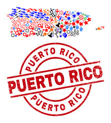 Canvas Print - Puerto Rico map collage and unclean Puerto Rico red circle watermark. Puerto Rico seal uses vector lines and arcs. Puerto Rico map collage contains helmets, houses, screwdrivers, suns, hands,