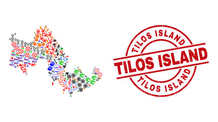 Canvas Print - Tilos Island map collage and grunge Tilos Island red round stamp print. Tilos Island badge uses vector lines and arcs. Tilos Island map collage includes helmets, homes, wrenches, suns, men,