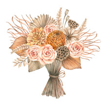 Watercolor Boho Bouquet With Dried Tropical Leaves, Gentle Flowers And Pampas. Botanical Floral Card. Beige, Green, Orange Palm Leaves. Perfect For Wedding Invitations, Packaging, Greetings Cards
